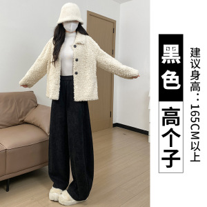 灰色毛呢裤女秋冬季加绒灯芯绒直筒小个子加厚羊羔绒阔腿裤子_116_37
