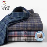 啄木鸟春季新款纯棉磨毛衬衫男士长袖格子中年休闲全棉衬衣爸爸装