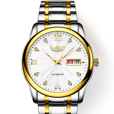 卡梭(KASSAW)机械表全自动手表男机械表防水时尚商务男表精钢夜光双日历镂空男士腕表K830间金白面机械表