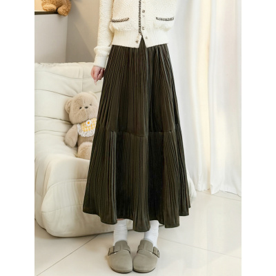 咸菜色百褶裙半身裙女秋冬季中长款A字裙2026新款高腰长裙子伞裙