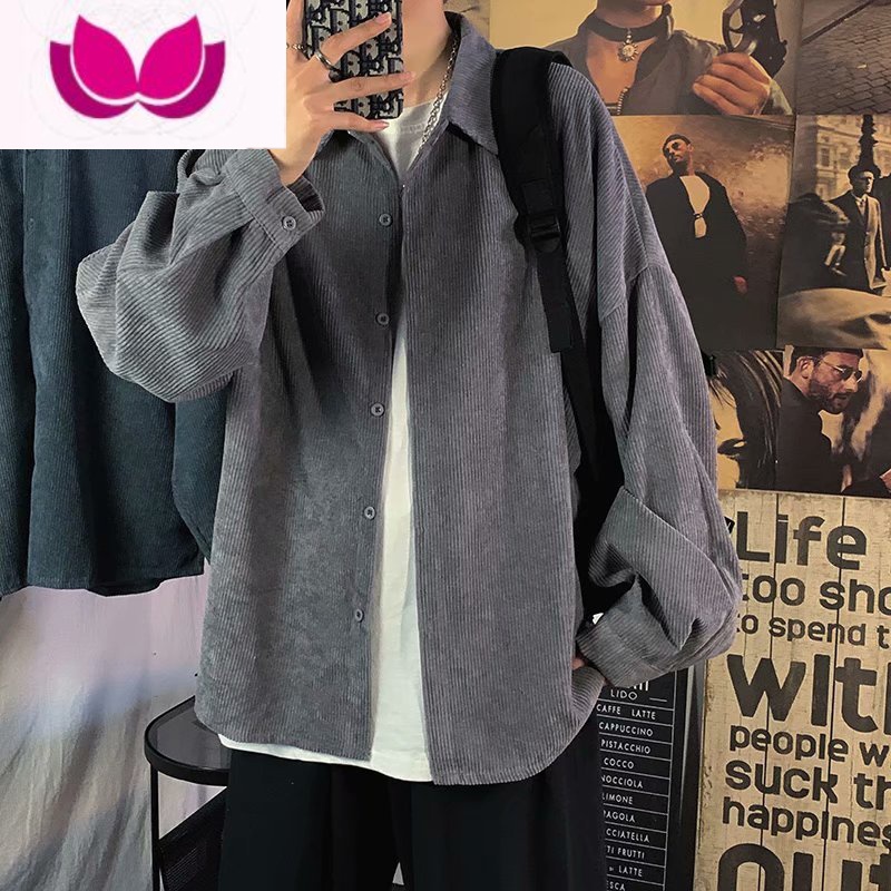 七斓蓝色灯芯绒衬衫男长袖高级感小众设计港风日系ins痞帅外套
