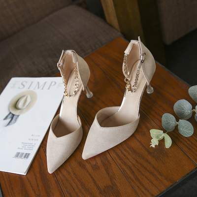 Ideamini一字扣带高跟鞋女2021年春新款法式细跟夏季包头凉鞋中跟尖头单鞋凉鞋