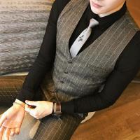 韩版男士修身条纹两件套时尚发型师马夹套装新郎结婚礼服潮流