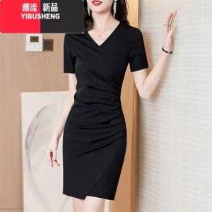 YIBUSHENG职业连衣裙女2024季新款显瘦气质包臀开叉短袖黑色一步裙子潮
