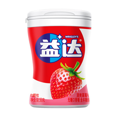 益达 木糖醇无糖口香糖清爽草莓味56g/瓶约40粒休闲零食清新糖果