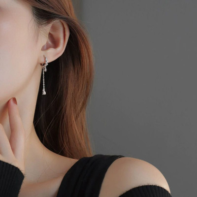 s925银针精致锆石水滴耳扣流苏垂坠镶钻耳圈高级感轻奢耳钉耳饰送女朋友老婆情人节七夕生日礼物