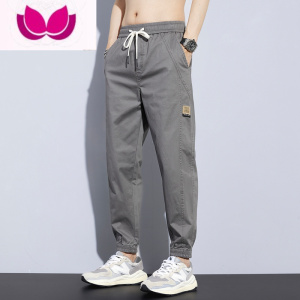 七斓松紧系带灰色运动工装裤男薄款美式束脚休闲裤宽松透气长裤