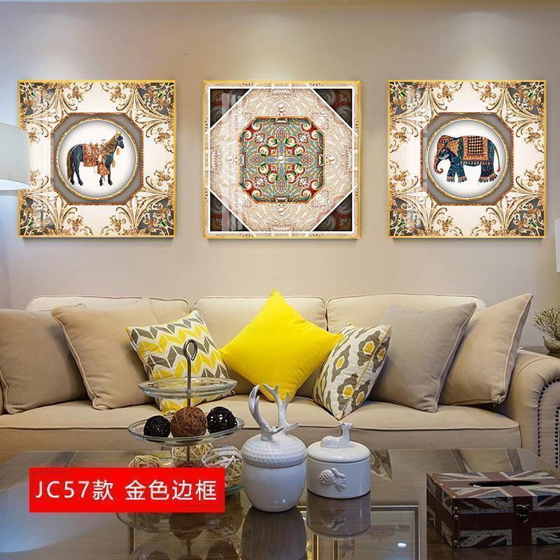 欧式挂画客厅沙发背景墙画简欧壁画简约 jc57(金色边框) 60*80cm三联套装(建议3-4米沙发)(真晶瓷画)水晶烤