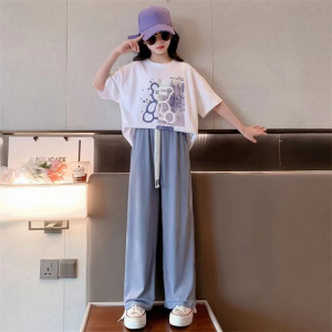 女童装夏装套装中大童洋气网红短袖T恤女孩休闲冰丝阔腿裤两件套