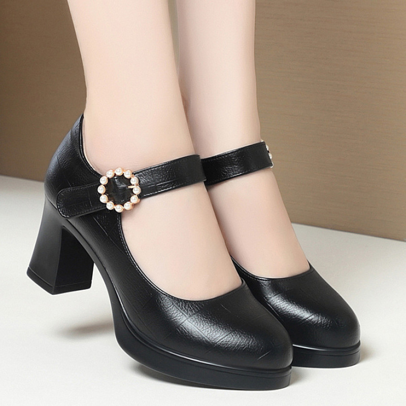 旗袍秀专用走秀高跟鞋粗跟厚底春秋季新款女士单鞋职业黑色工作鞋