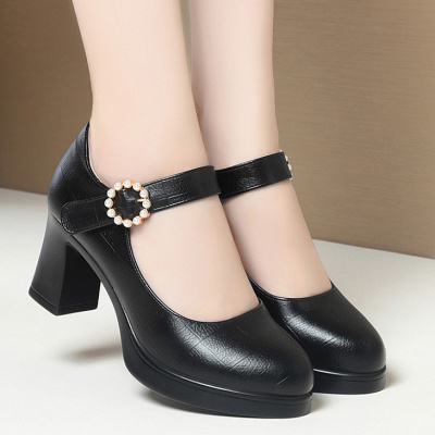 旗袍秀专用走秀高跟鞋粗跟厚底春秋季新款女士单鞋职业黑色工作鞋