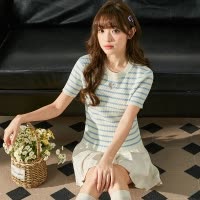 [2.5折价70元]唐狮春夏款女短袖T恤甜美减龄条纹上衣爱心镂空针织衫洋气DY