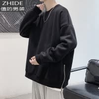 SUNTEK侧面拉链开衩卫衣男秋装加肥加大码潮胖人宽松圆领外套头长袖T恤卫衣