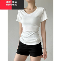 YIBUSHENG显瘦辣妹日打底新款垂感正肩收腰V领上衣基础好穿短袖t恤女