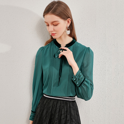 欧昵雪丝绒立领蝴蝶结绣花长袖口显瘦雪纺衫女上衣