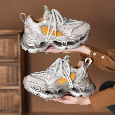 真皮秋冬新款小个子休闲增高运动老爹鞋厚底百搭透气网面女鞋