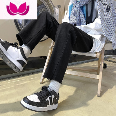 七斓港风黑色牛仔裤男毛边直筒宽松九分裤休闲百搭修身ins高街裤子男