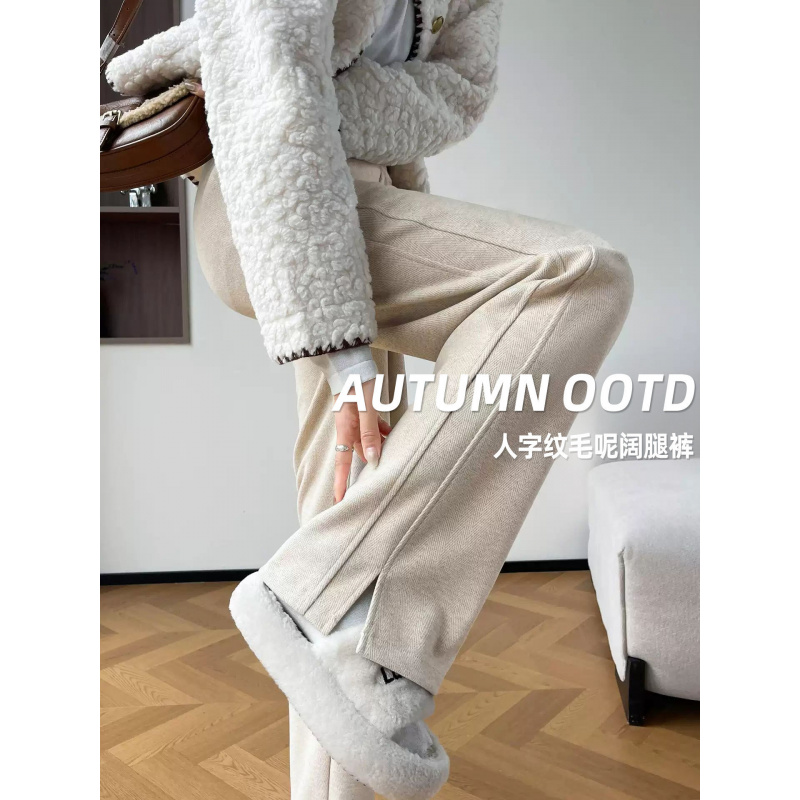 醋酸羊毛呢阔腿裤女冬加绒新款小个子垂感显瘦窄版直筒休闲裤