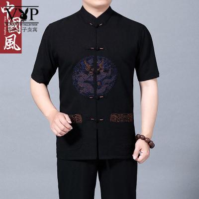 花花公子贵宾唐装男中老年夏装爷爷装中国风爸爸夏季短袖套装老人棉麻宽松衣服