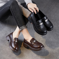 真皮厚底加绒乐福鞋女秋冬季新款一脚蹬单鞋英伦风轻奢小皮鞋