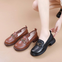 头层牛皮圆头中口低跟纯色乐福鞋英伦风套脚真皮单鞋_314