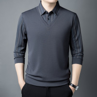 春秋季新款男士T恤假两件韩版商务时尚翻领长袖条纹polo衫男款T恤