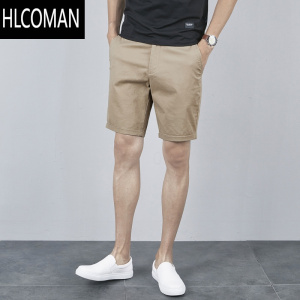 HLCOMAN休闲短裤男士2025新款修身五分裤夏外穿纯色工装水洗米色中裤