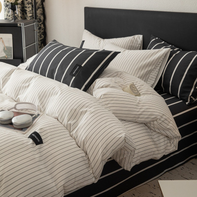 北欧风全棉床上四件套纯棉被套床单人宿舍简约条纹床品三件套