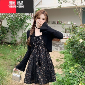 YIBUSHENG黑色吊带碎花连衣裙女小个子季法式茶歇裙蓬蓬长裙收腰甜辣套装
