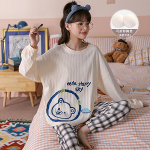 睡衣女秋冬季纯棉长袖带胸垫秋天韩版可爱大码家居服套装