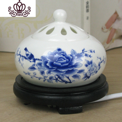 封后定时调温电子檀香炉陶瓷香薰炉沉香炉佛精油插电香薰灯木屑粉盖大蓝花