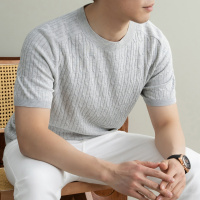 老钱风天丝亚麻针织短袖男T恤2026夏季新款圆领纯色提花男士T恤