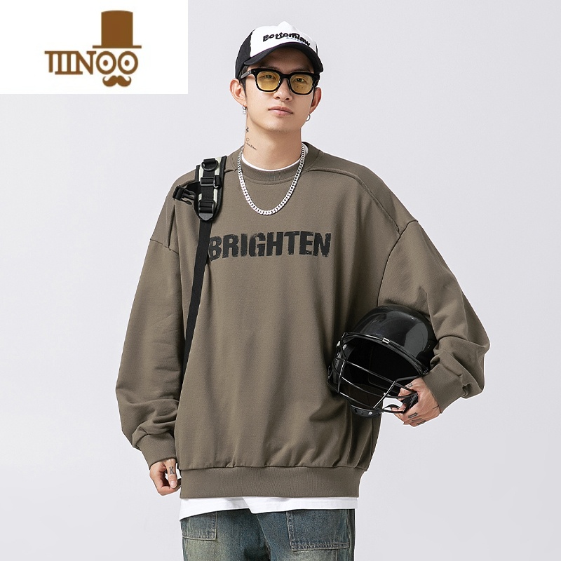 YANXU2023新款男士美式休闲做旧字母印花卫衣宽松高街潮牌上衣