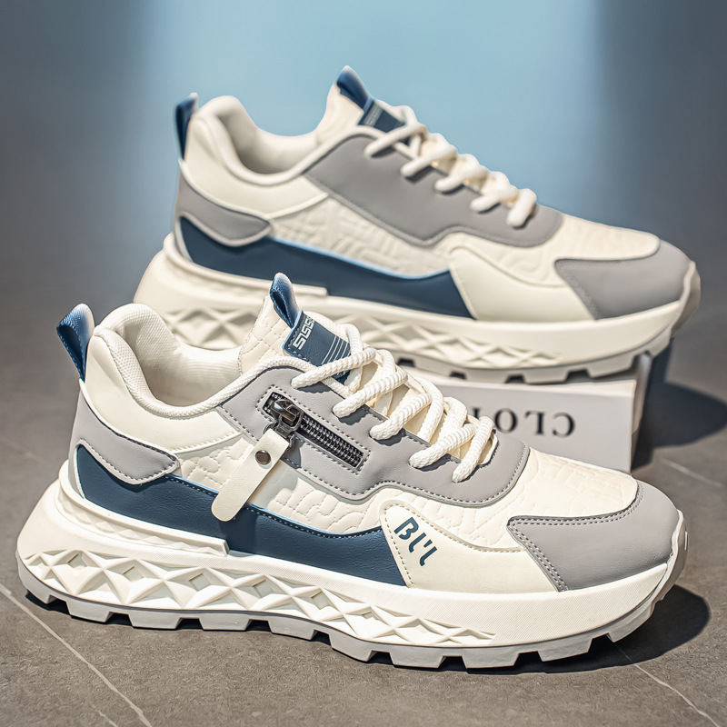 2026新款春季时尚运动鞋男士超轻舒适休闲跑步皮面增高防滑老爹鞋