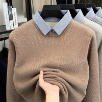 加绒雪貂假两件男士毛衣2025秋冬季新款纯色翻领保暖打底针织衫男