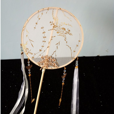 青黛手作长柄团扇流苏古风摄影道具汉服配饰圆扇子中国风古典三维工匠蓝色三天内