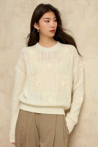 美利奴100羊毛钩花针织衫女装25春季新款亲肤圆领毛衣女单穿上衣