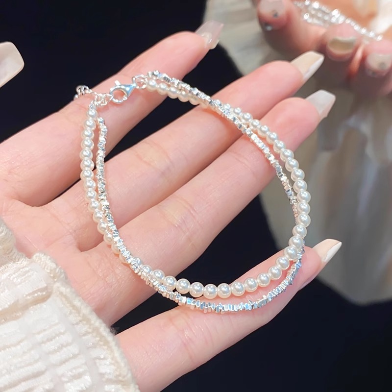 s925纯银珍珠手链碎银几两设计感精致手饰品小众设计闺蜜串珠百搭送女朋友老婆情人节七夕生日礼物