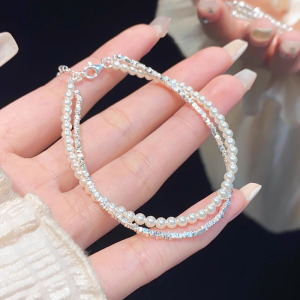 s925纯银珍珠手链碎银几两设计感精致手饰品小众设计闺蜜串珠百搭送女朋友老婆情人节七夕生日礼物 银色贝珠