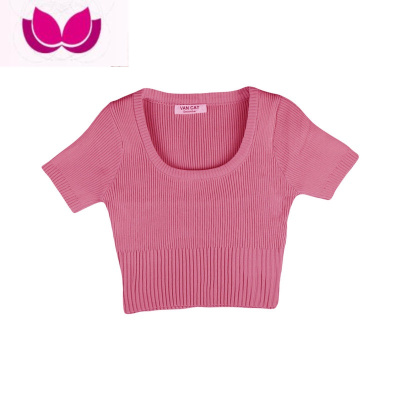 七斓法式辣妹方领短袖针织t恤女夏季设计感短款高腰粉色修身别致上衣
