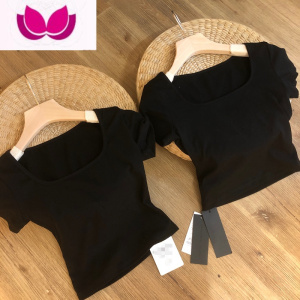 七斓正肩辣妹别致方领短袖t恤女装夏季高腰修身露脐紧身短款上衣ins潮