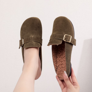 25秋冬百搭底鞋潮时尚加绒保暖深口乐福鞋复古方头磨砂休闲棉拖鞋