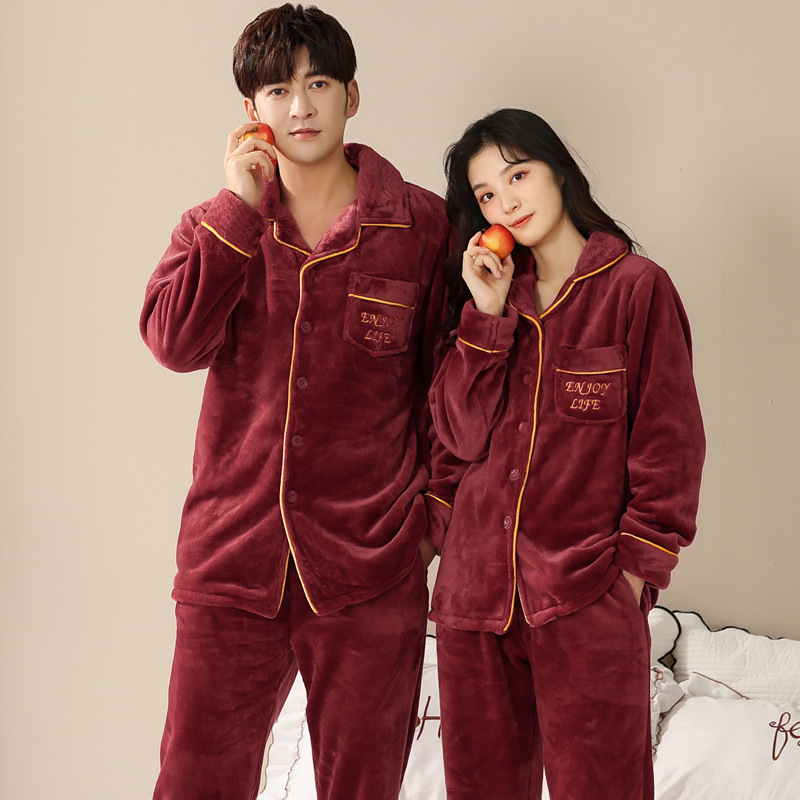 情侣睡衣秋冬季珊瑚绒本命年喜庆结婚大红色一男士一女家居服套装_498