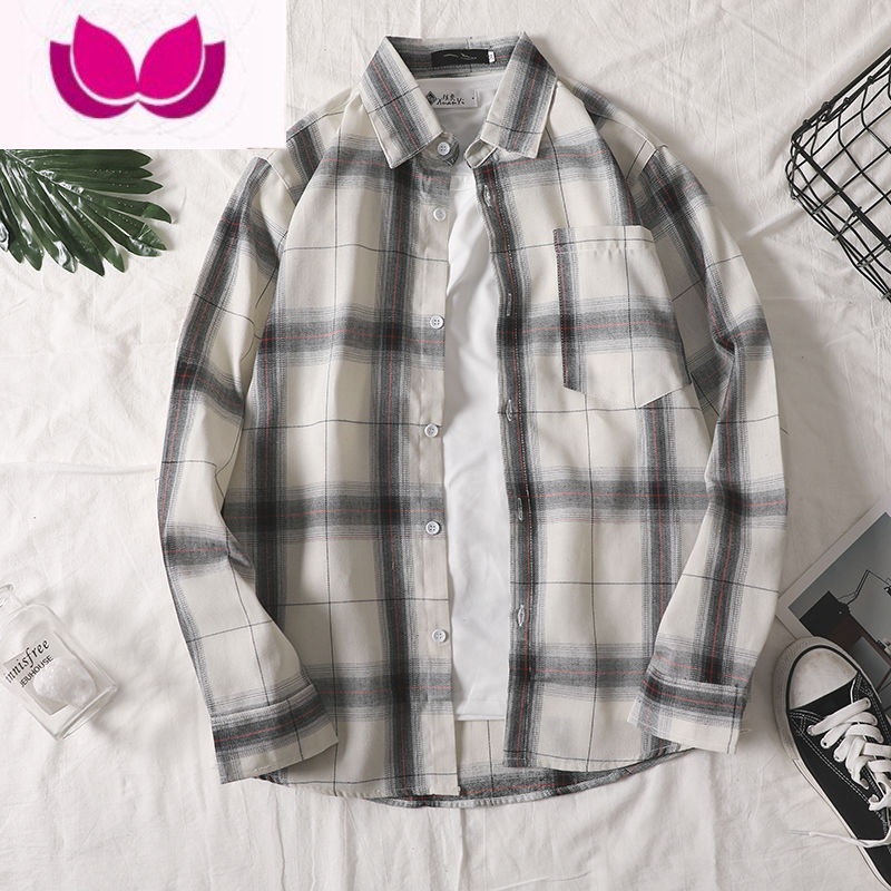 七斓格子衬衫男长袖韩版修身秋季新款港风青少年学生原宿百搭衬衣外套