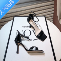 SUNTEK欧美2023新款简约性感方头一字扣带细跟露趾凉鞋女法式高跟职业鞋