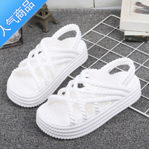 SUNTEK个性凉鞋仿编制厚底镂空透气沙滩鞋女松糕底休闲白色舒适护士鞋夏