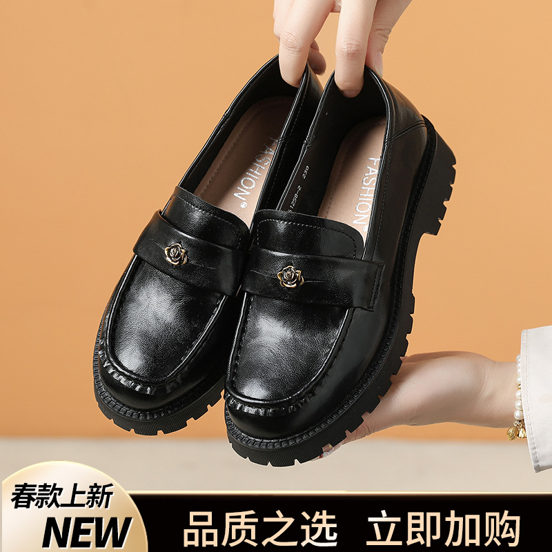 真皮厚底英伦风小皮鞋女2025年春秋新款手抓皮圆头一脚蹬乐福鞋