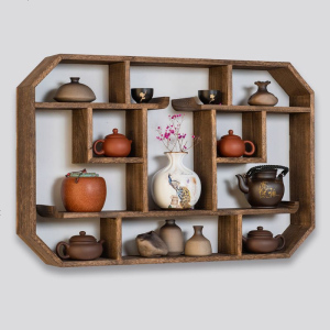 博古架实木中式现代简约壁挂式茶架子置物架墙上多宝阁小摆件仿古