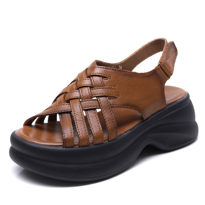 头层牛皮复古编织松糕厚底凉鞋女2025夏季新款百搭增高罗马凉鞋