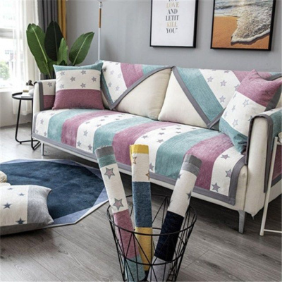 家柏饰(CORATED)沙发垫 四季通用防滑沙发巾盖布北欧简约加厚 沙发套全包套罩 雪尼尔绿紫星星 110*110cm